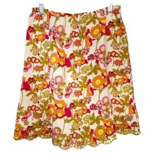 J Jill Ivory Multi Color Orange Pink Floral‎ Eyelet Scalloped Hem Cotton Skirt L